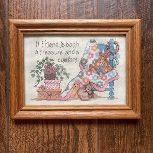 Vintage “A Friend is Both a Treasure & A Comfort” Framed Cross Stitch Wall Art
